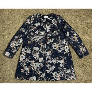 HELENE BERMAN Blazer Jacket Collarless Navy Floral Gold Metallic Quiet Luxury XL
